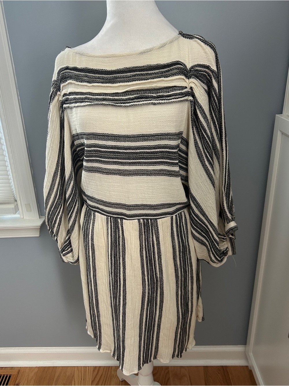 Free People Lilly Striped Cotton Mini Dress Cream Black 3/4 Sleeve Small Gauze